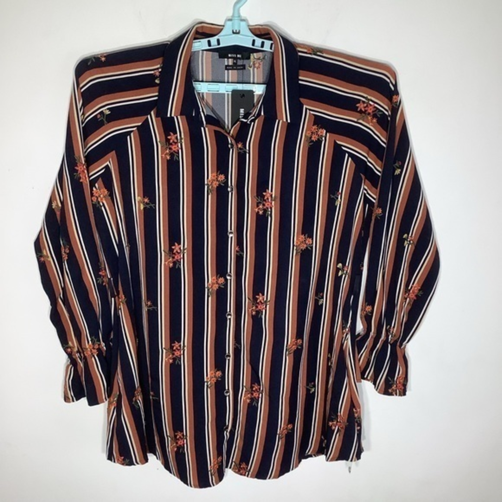 Miss Me Womens LS Button Up Blue and Brown Striped Floral Shirt Sz XL NWT.